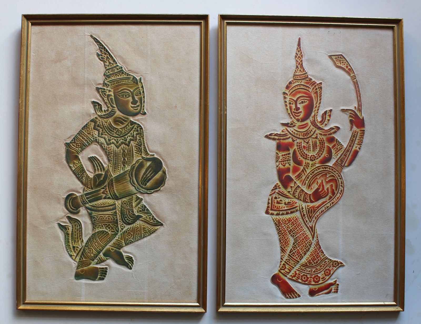 A Pair Of Framed Thai Temple Rubbing’s Of Musicians photo Art