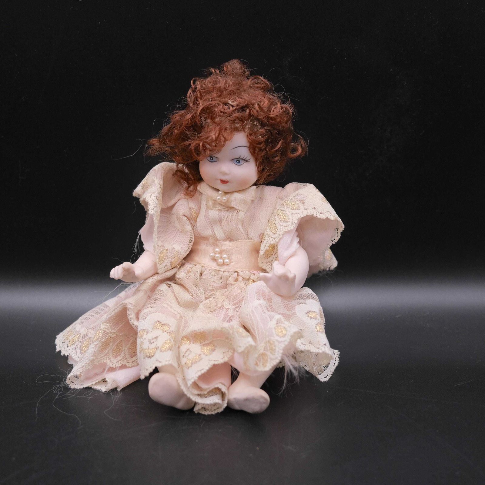 Vintage Porcelain Collectible Doll | Red Curly Hair | Gold Lace Dress & Pearl Detail | 1980s Style | Doll Collector Gift | Ceramic Figurine photo furniture