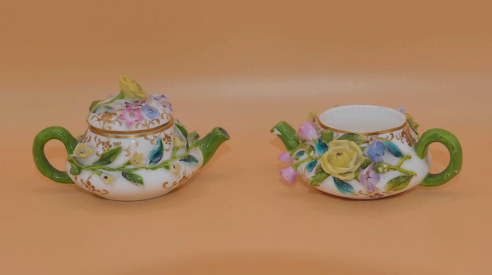 photo for sale Coalbrookdale Flower Encrusted Miniature Teapot | Regency Porcelain | Circa 1830