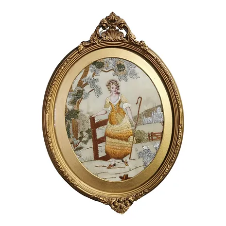 A Pair Of Silk And Wool Nursery Rhyme Pictures Little Bo Peep & Little Boy Blue photo for sale