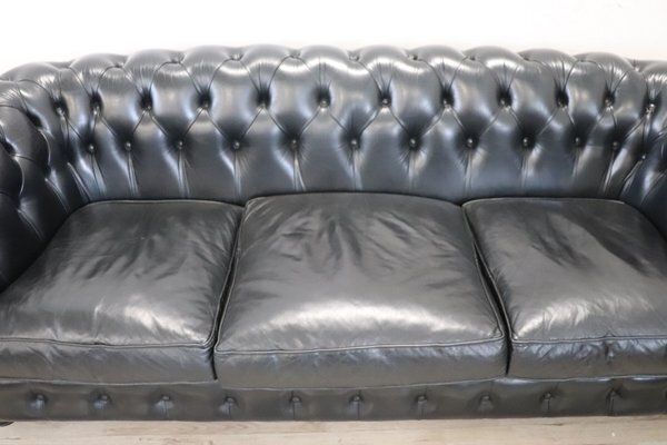photo vintage Set Of Sofa And Armchair In Black Leather, 1980s