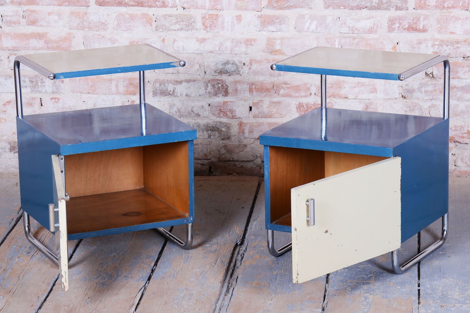 Pair Of Restored Bauhaus Bedside Tables, Chrome, Lacquered Wood, Czech, 1930s photo for sale