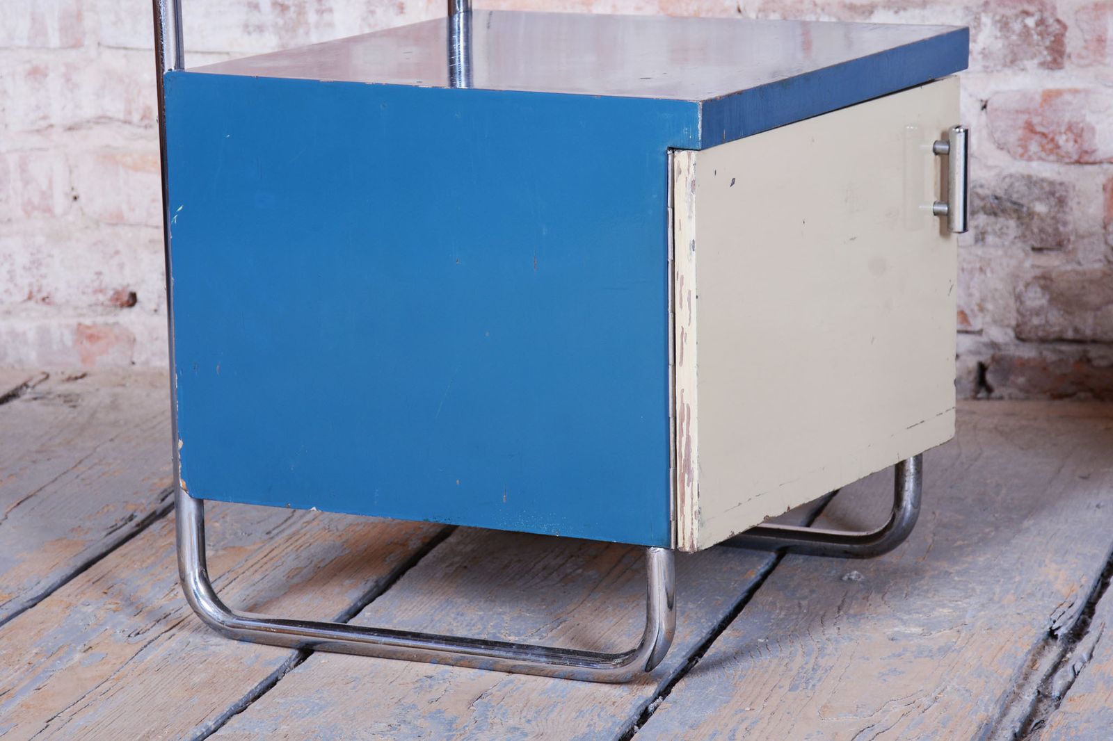 photo for sale Pair Of Restored Bauhaus Bedside Tables, Chrome, Lacquered Wood, Czech, 1930s
