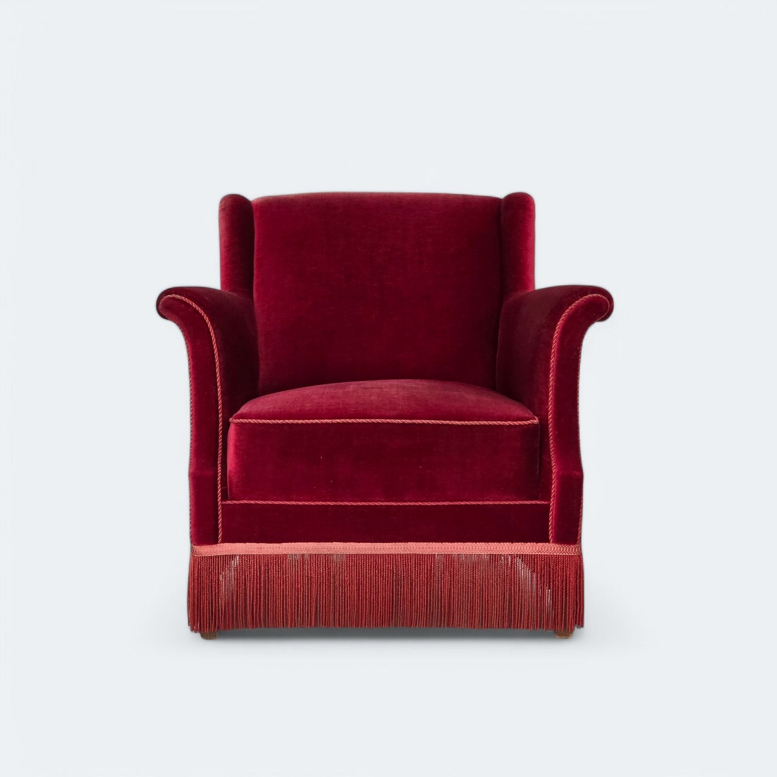 1960s, Danish Armchair, Cherry Red Furniture Velour, Ash Wood, Original.