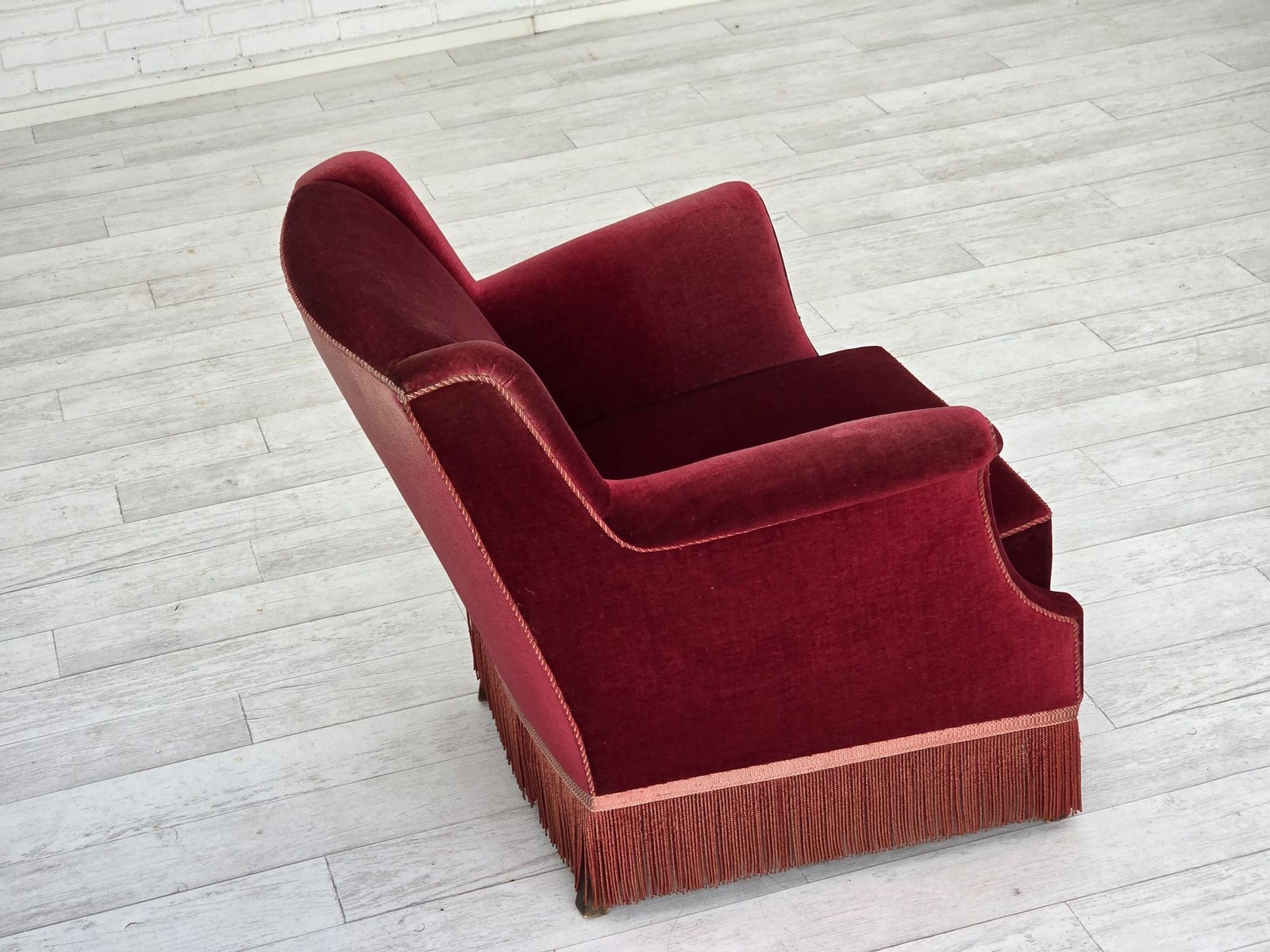1960s, Danish Armchair, Cherry Red Furniture Velour, Ash Wood, Original. photo vintage