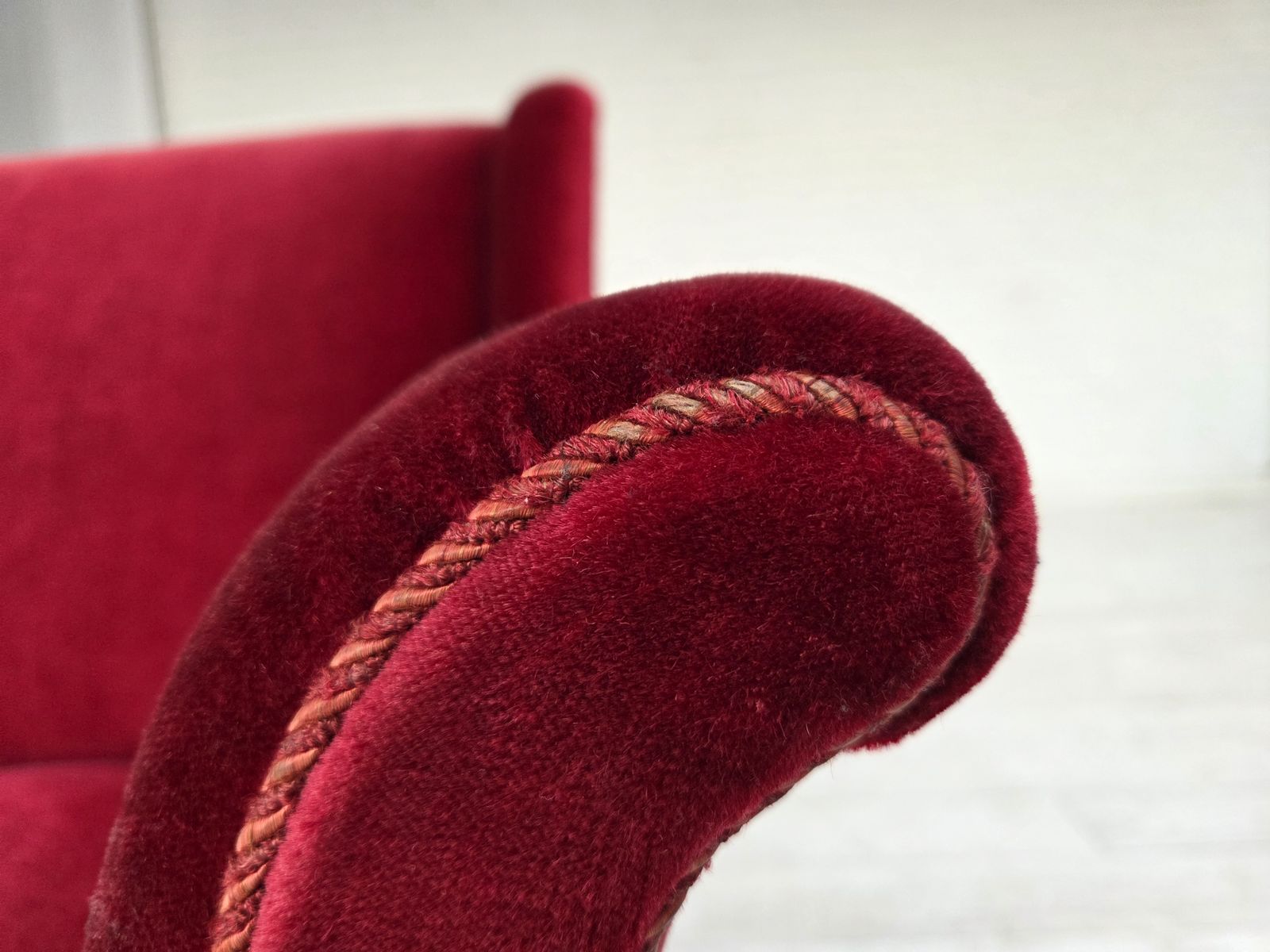 photo for sale 1960s, Danish Armchair, Cherry Red Furniture Velour, Ash Wood, Original.