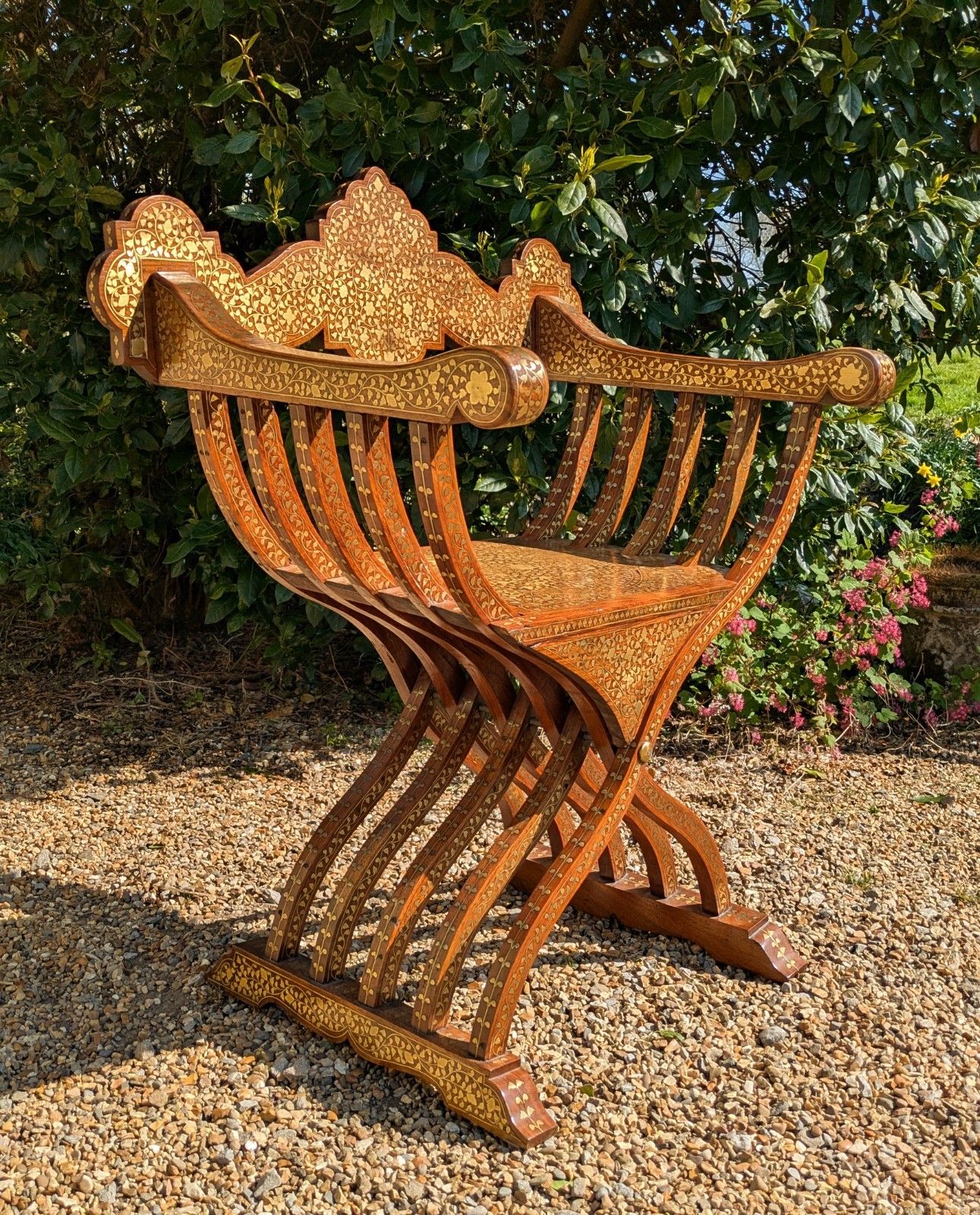 Stunning 19th Century Hoshiapur Savonarola Inlaid Brass Armchair photo furniture