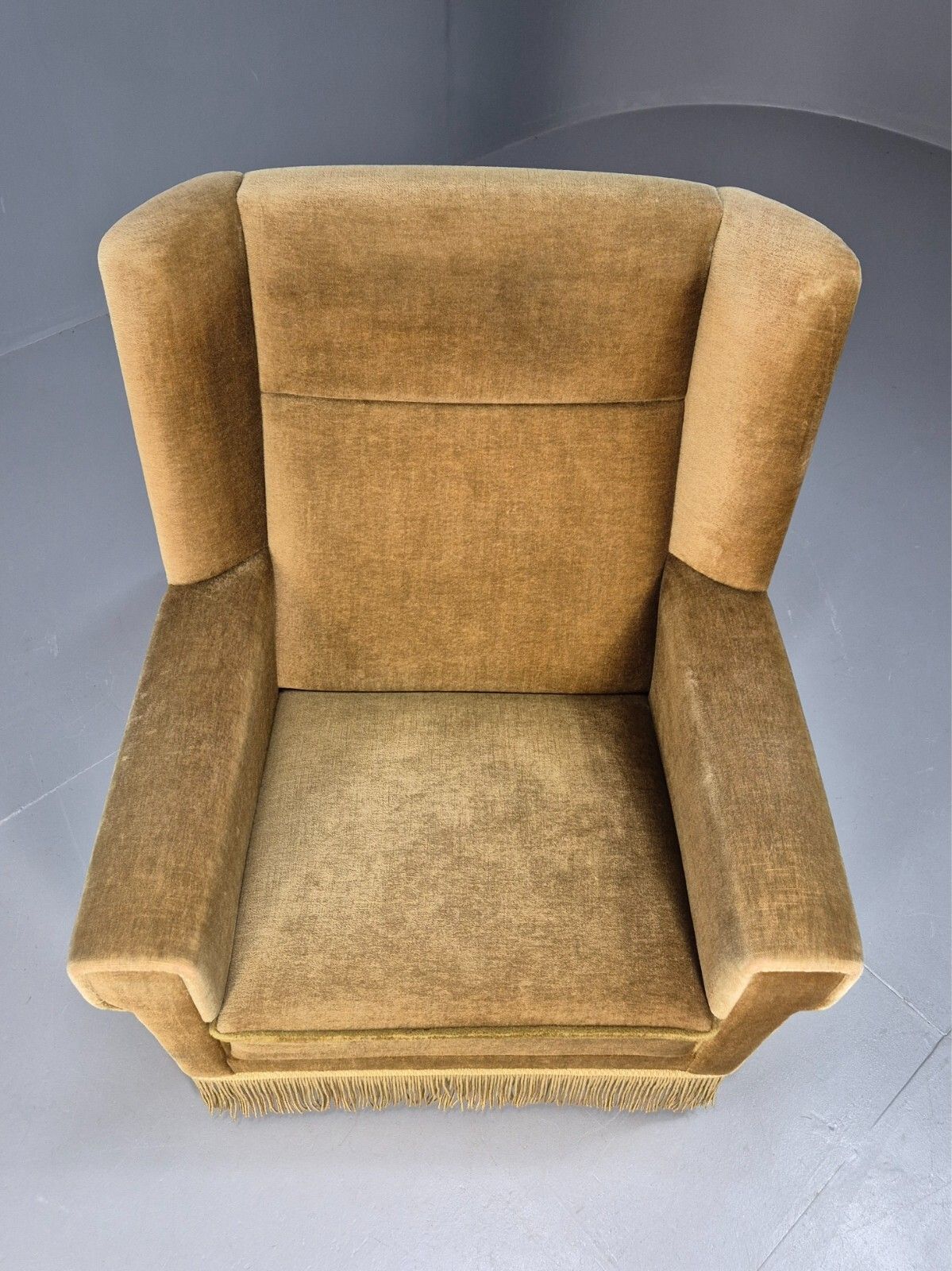 Vintage Danish Mid Century Lounge Chair Green Velour And Tassels Mcm Eb9041 Mnor photo for sale