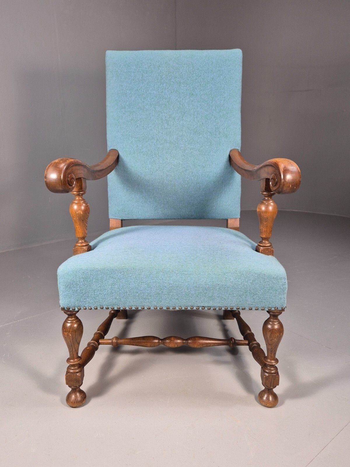 Vintage Danish Armchair Blue Carved Oak 17th Century Antique Style Eb8992 Vcar photo for sale