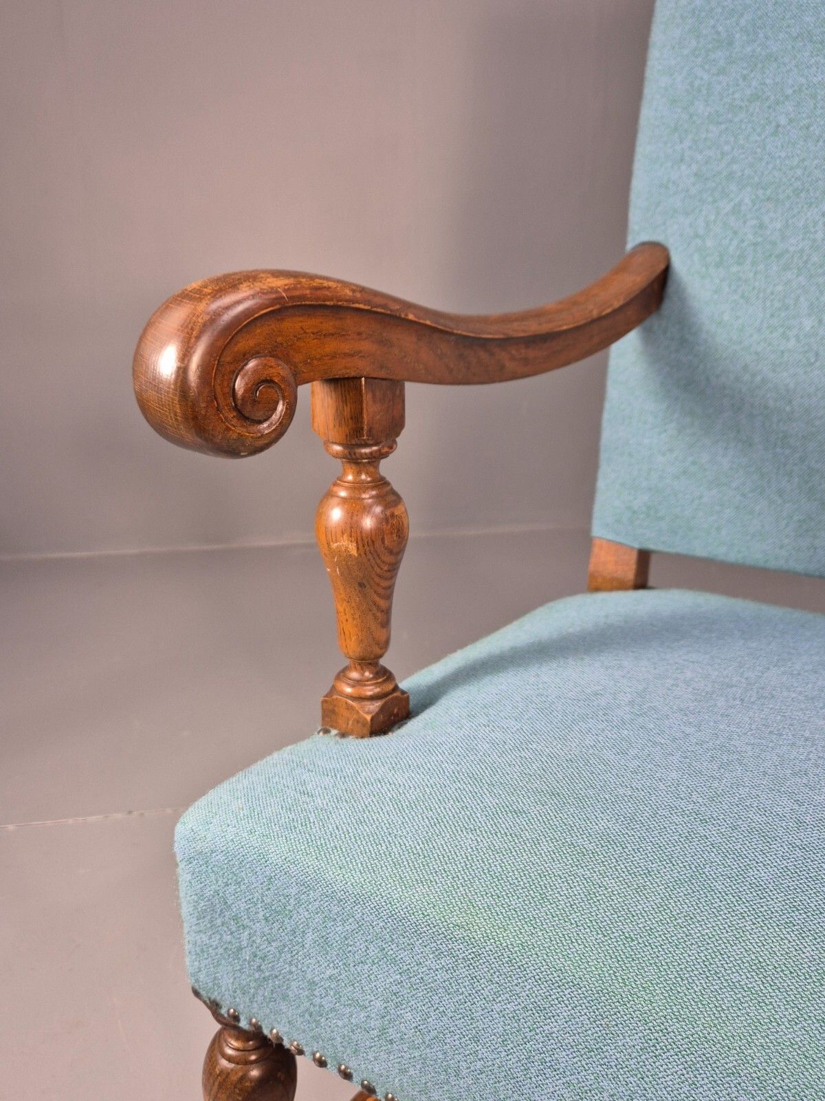 Vintage Danish Armchair Blue Carved Oak 17th Century Antique Style Eb8992 Vcar photo vinterior