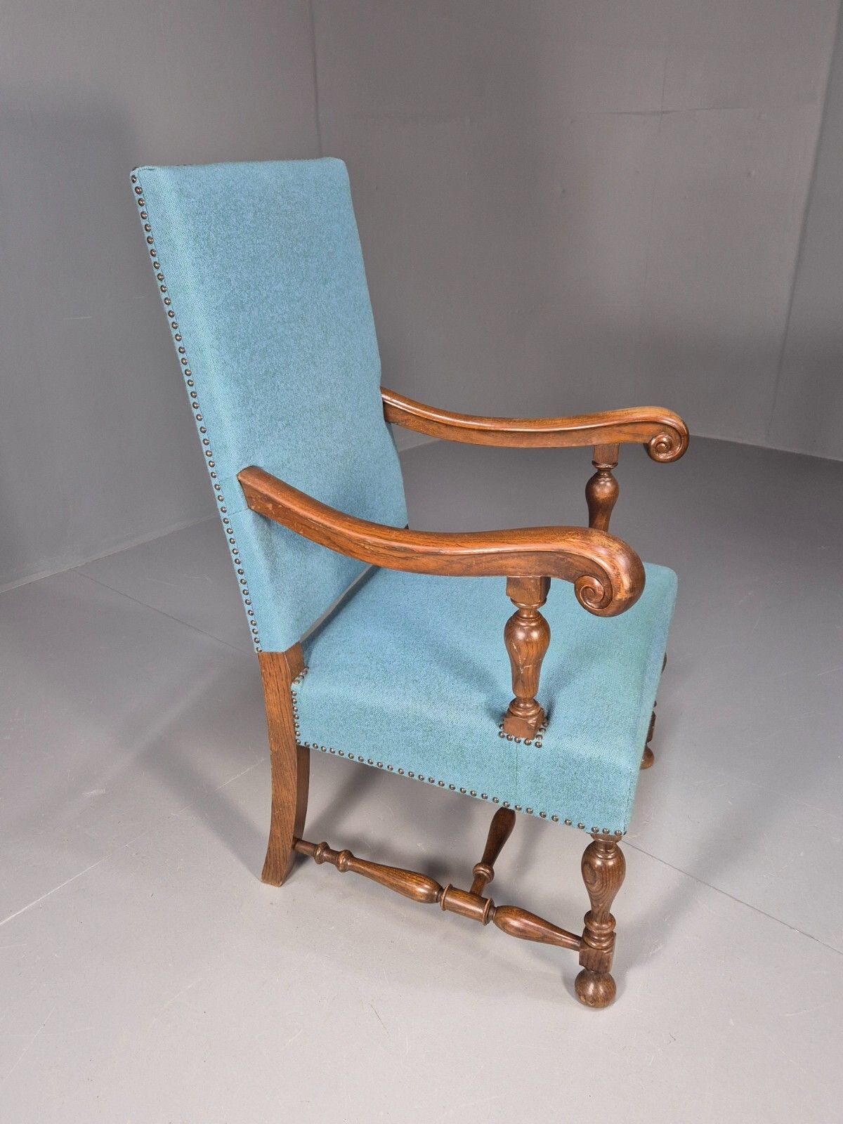 photo furniture Vintage Danish Armchair Blue Carved Oak 17th Century Antique Style Eb8992 Vcar
