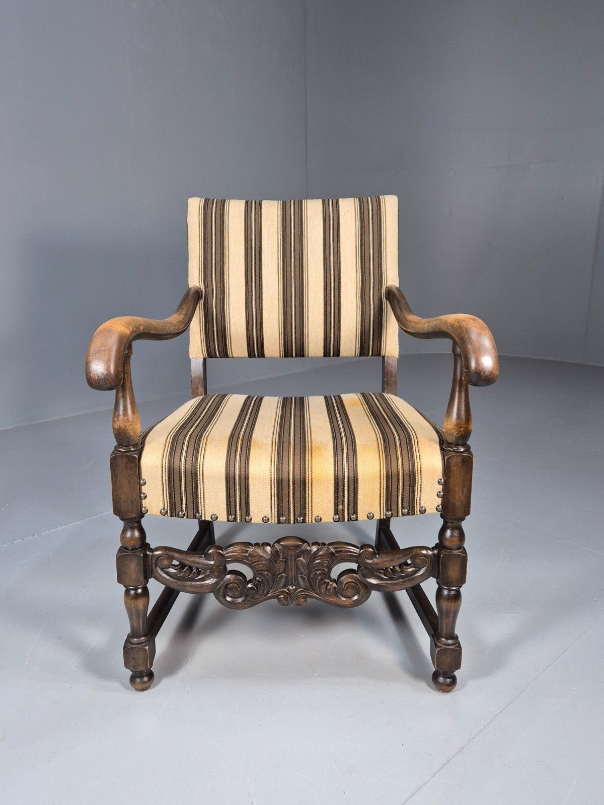 Vintage Danish Baroque Style Elbow Chair Striped Wool Upholstery Eb8980 Vcar photo furniture