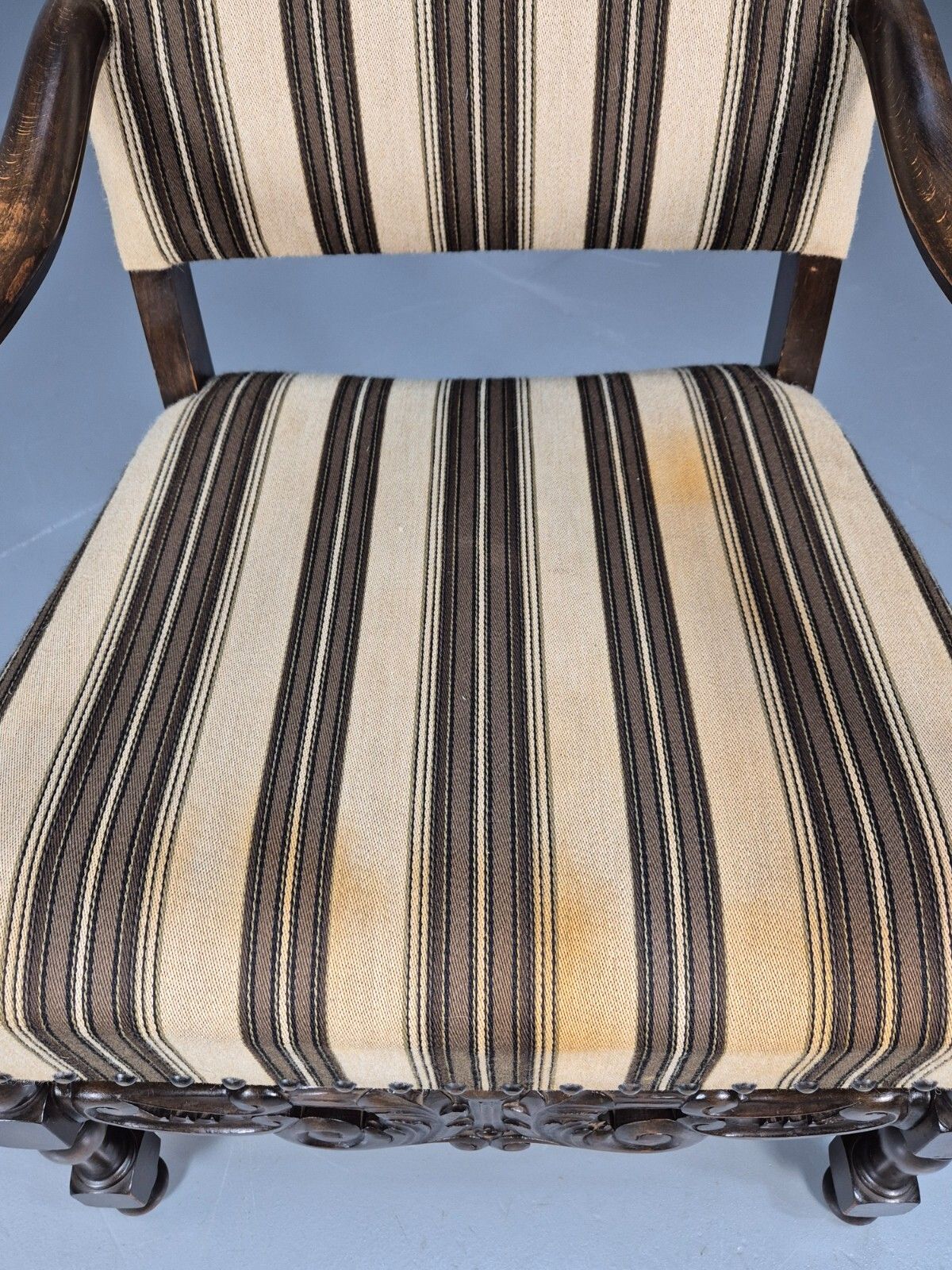 Vintage Danish Baroque Style Elbow Chair Striped Wool Upholstery Eb8980 Vcar photo Furniture
