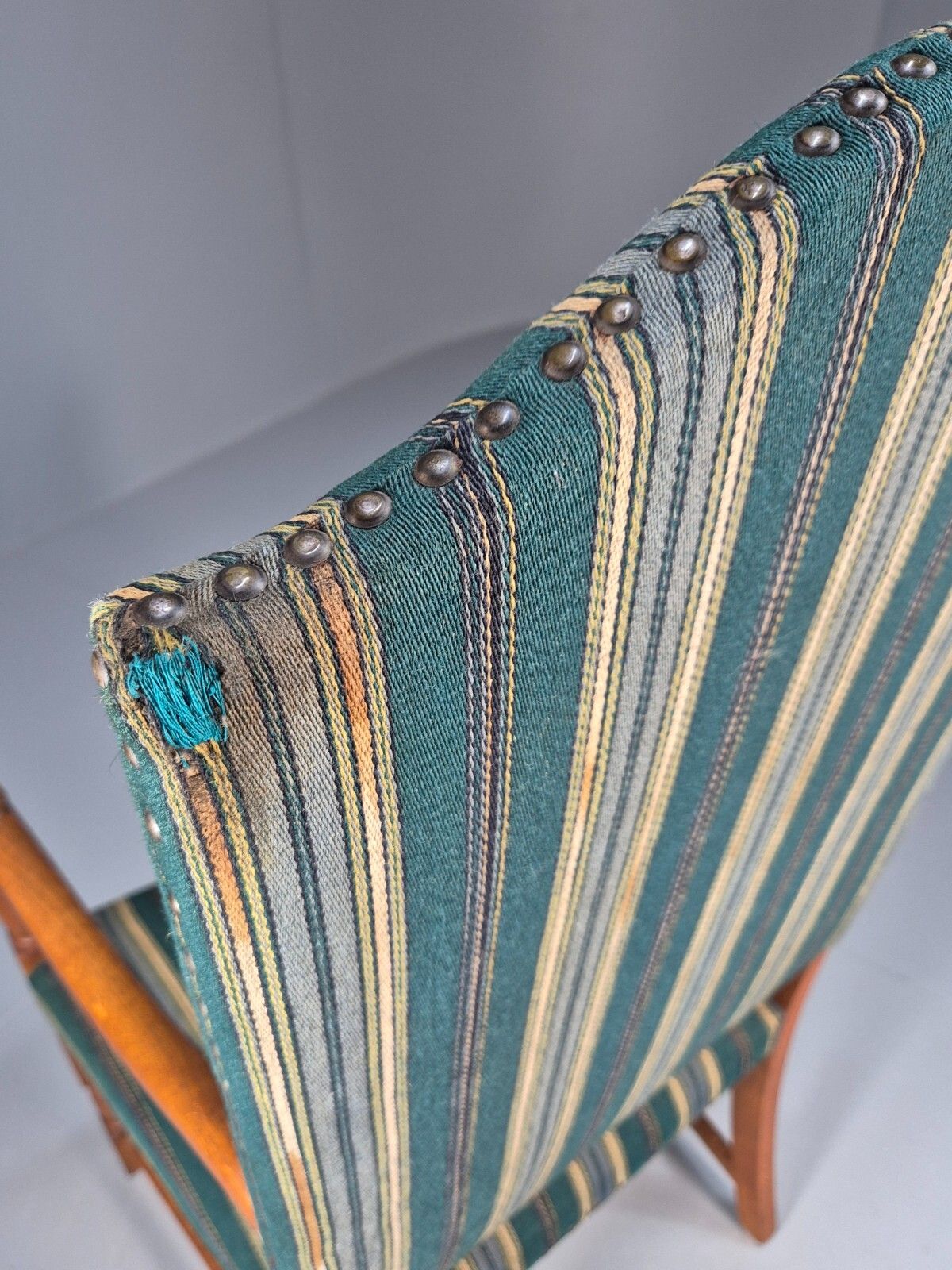 175.0 A Vintage Danish Baroque Style Armchair Green Wool Stripe Oak Frame Eb9002 Vclo photo