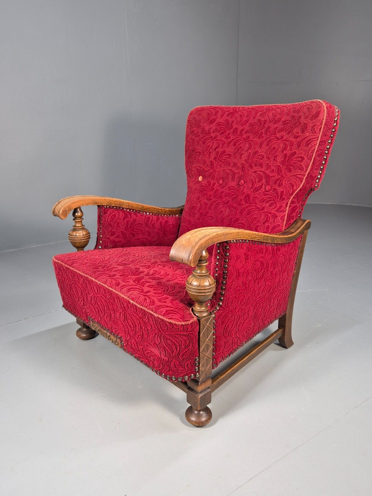 Vintage Danish Lounge Chair Red Moquette Oak Frame 1940s Retro  Eb8937 Vclo