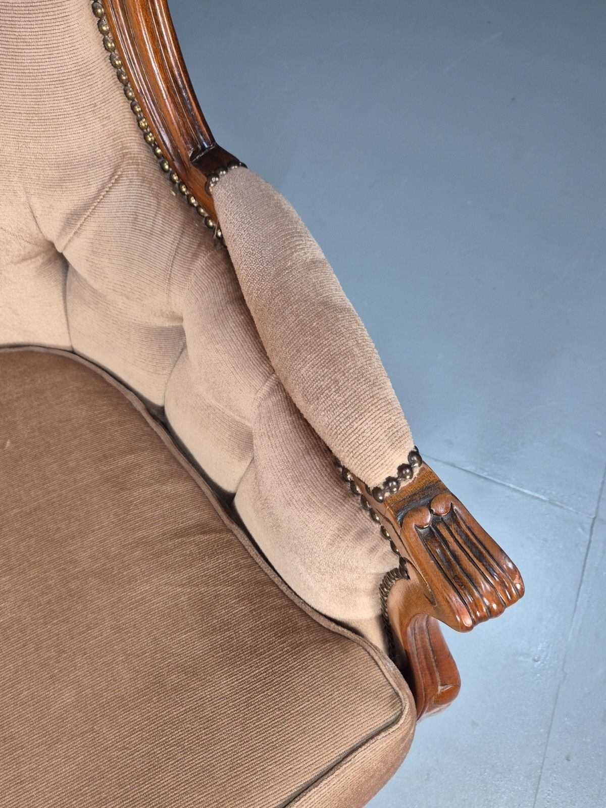 photo for sale Vintage Danish Lounge Chair Beige Velour Beech Antique French Style Eb8930 Vclo