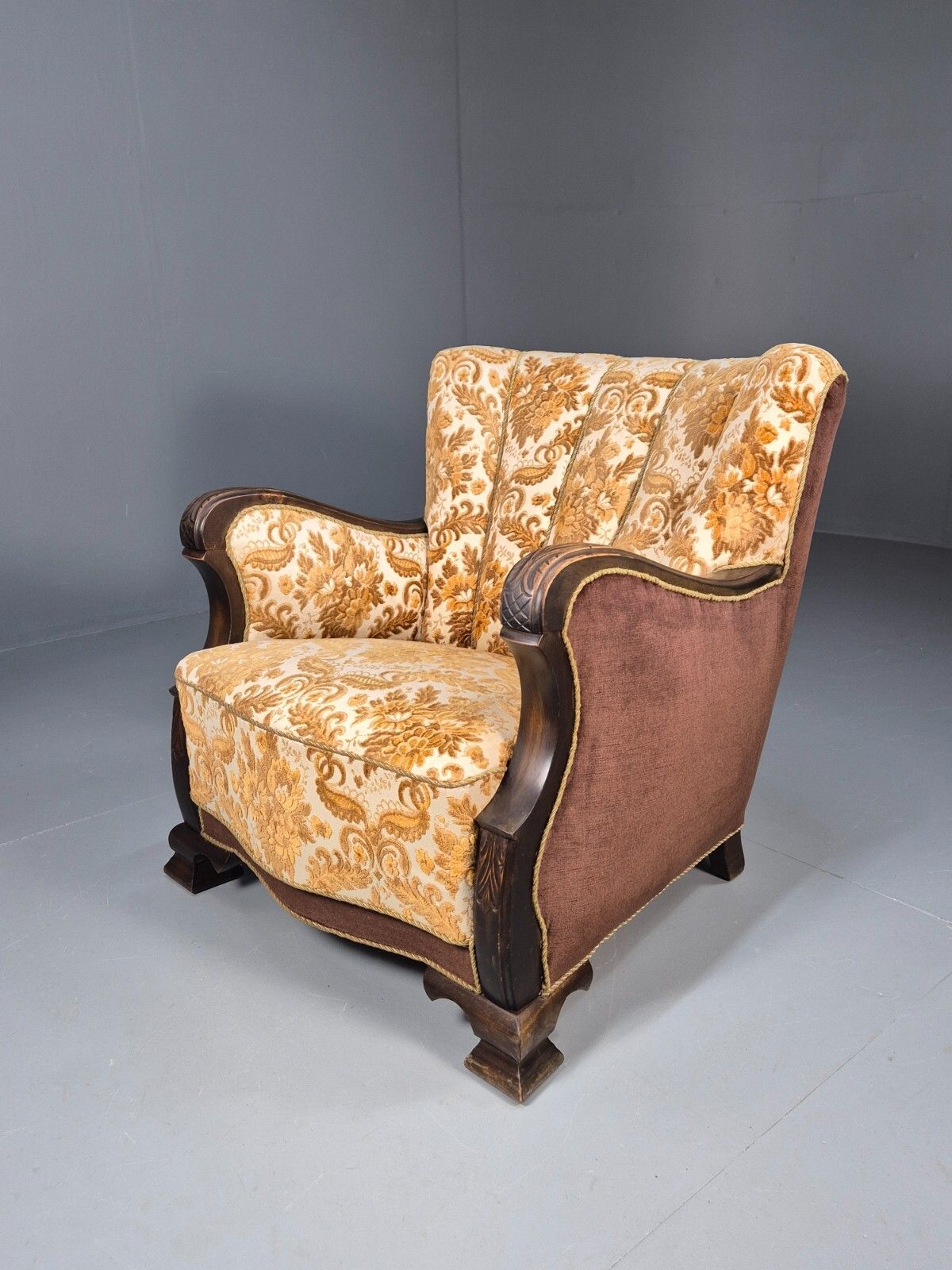 Vintage Danish Lounge Chair Oranges And Browns Carved Wood 1950s  Eb8931 Vclo