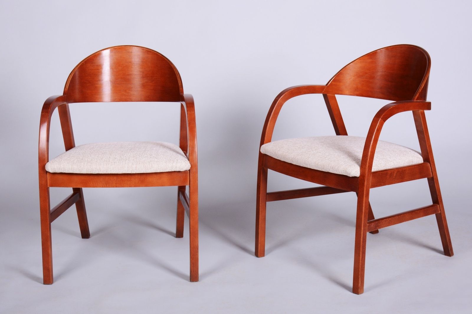 Pair Of Restored Mid Century Armchairs, Reupholstered, Cherry Wood, Czech, 1970s