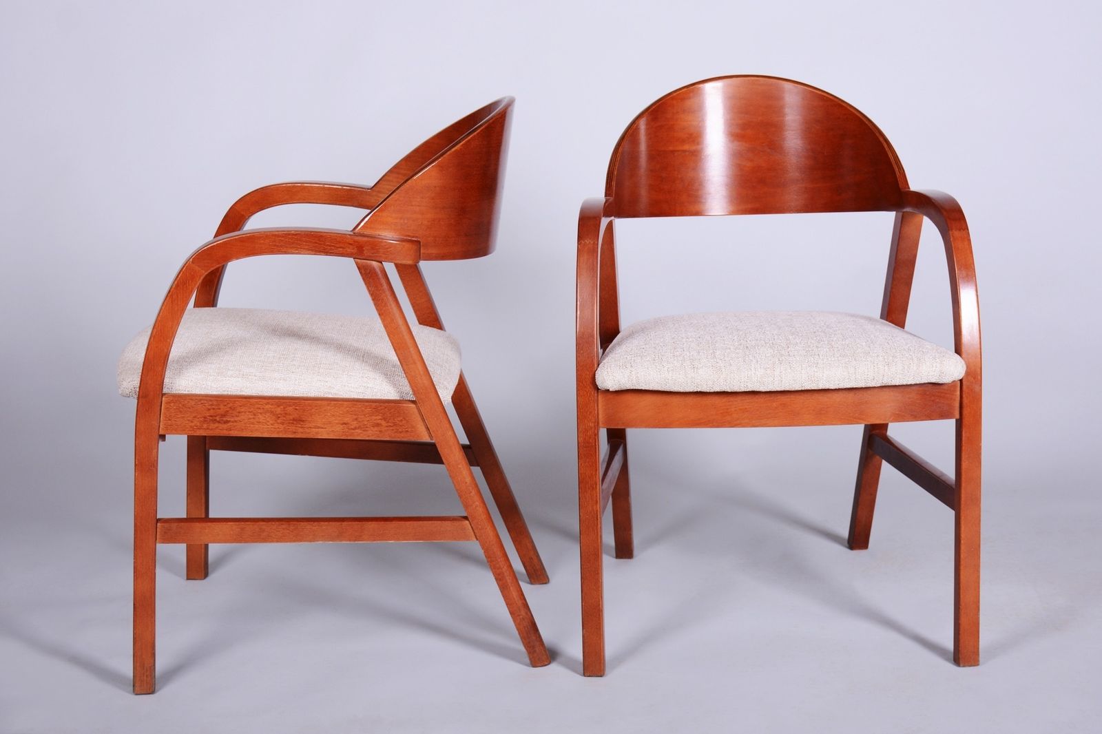 Pair Of Restored Mid Century Armchairs, Reupholstered, Cherry Wood, Czech, 1970s photo vintage