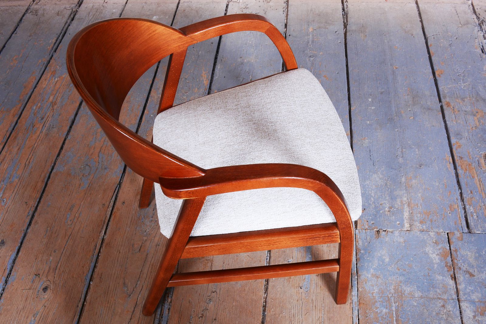 Furniture Pair Of Restored Mid Century Armchairs, Reupholstered, Cherry Wood, Czech, 1970s photo