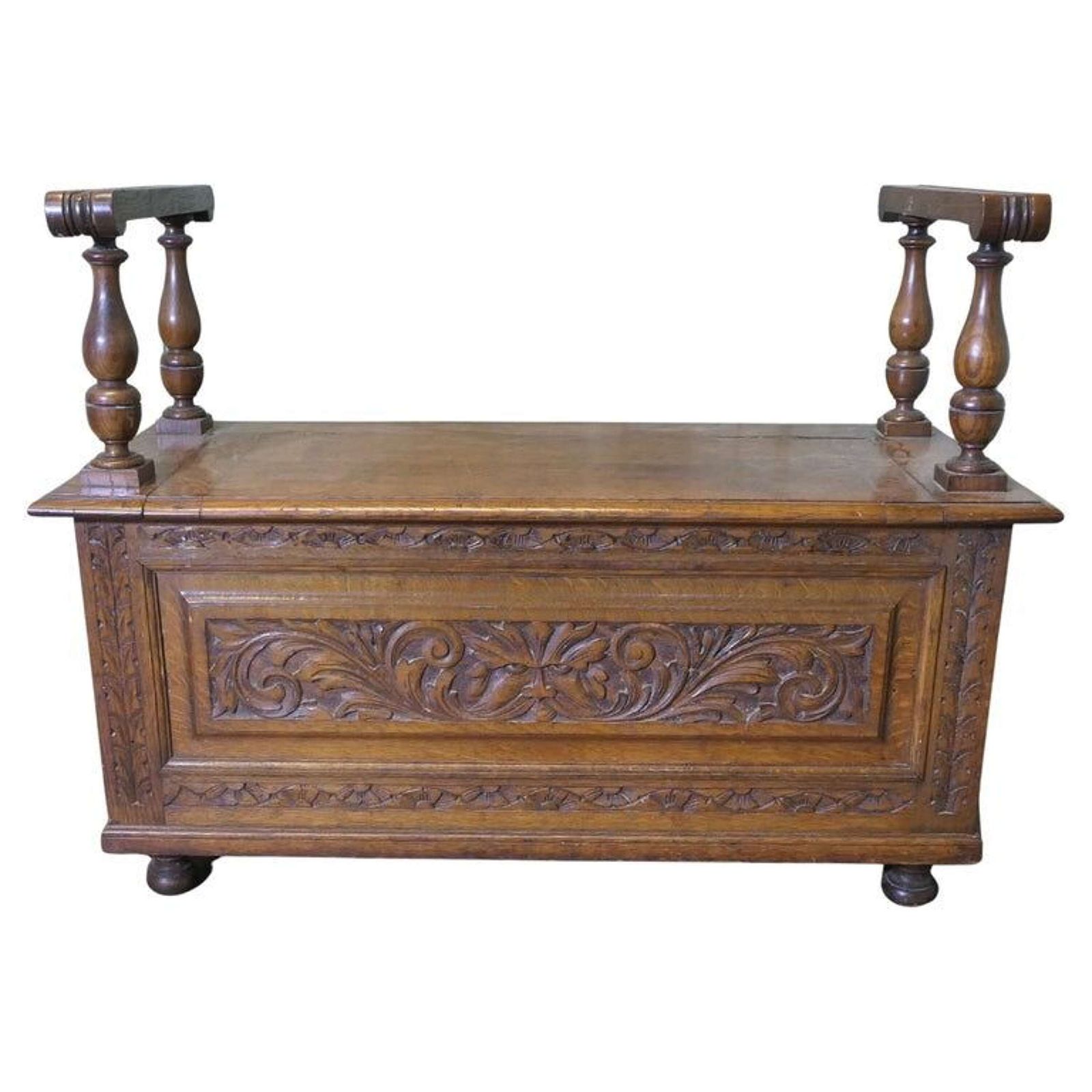 Carved Green Man Golden Oak Coffer, Hall Seat