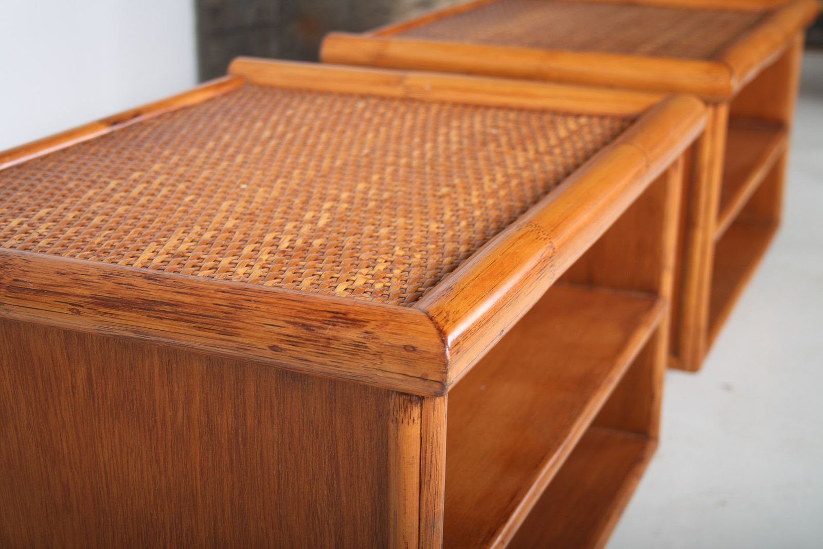 photo furniture A Pair Of Mid Century Rattan Top Bamboo Night Stand Side Tables