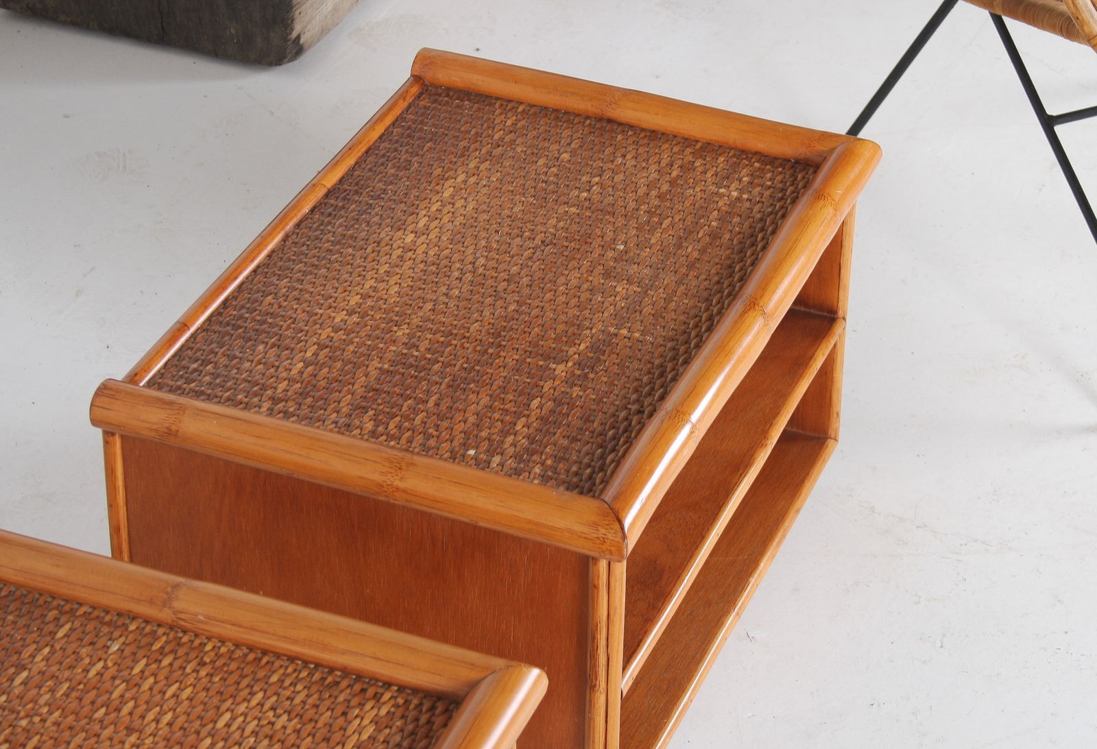 Furniture A Pair Of Mid Century Rattan Top Bamboo Night Stand Side Tables photo