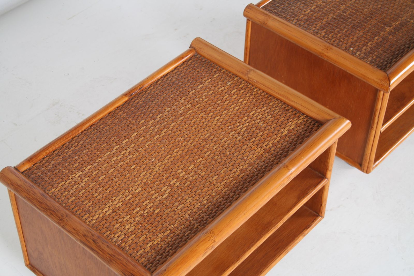 695.0 A Pair Of Mid Century Rattan Top Bamboo Night Stand Side Tables photo