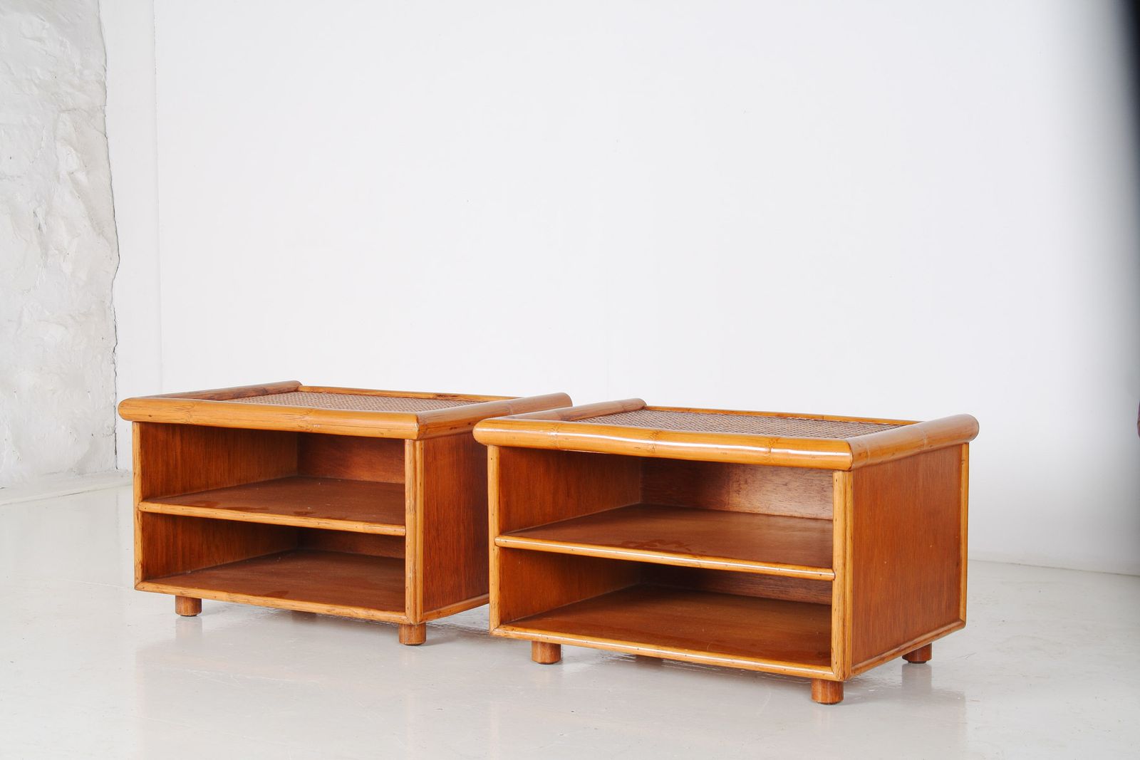 photo buy A Pair Of Mid Century Rattan Top Bamboo Night Stand Side Tables