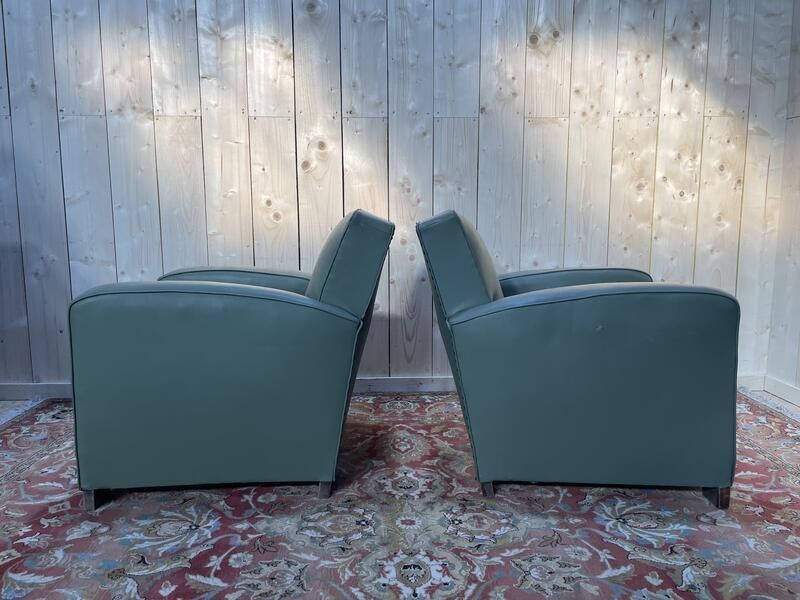 Paire De Fauteuils Club En Skaï Vert 1940 photo 420.0