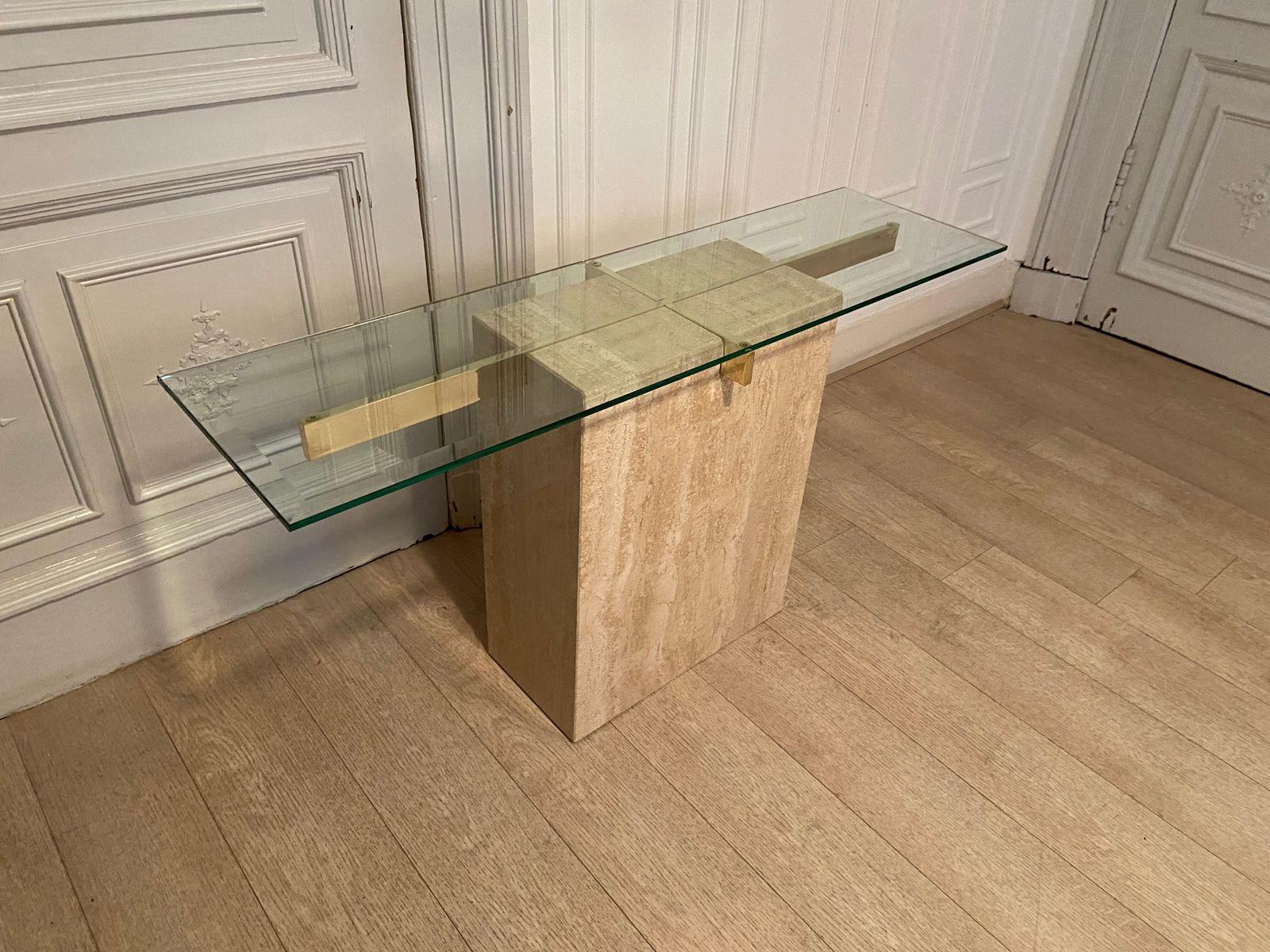Travertine Console And Gold Metal Cross, Italy, 1970s photo buy