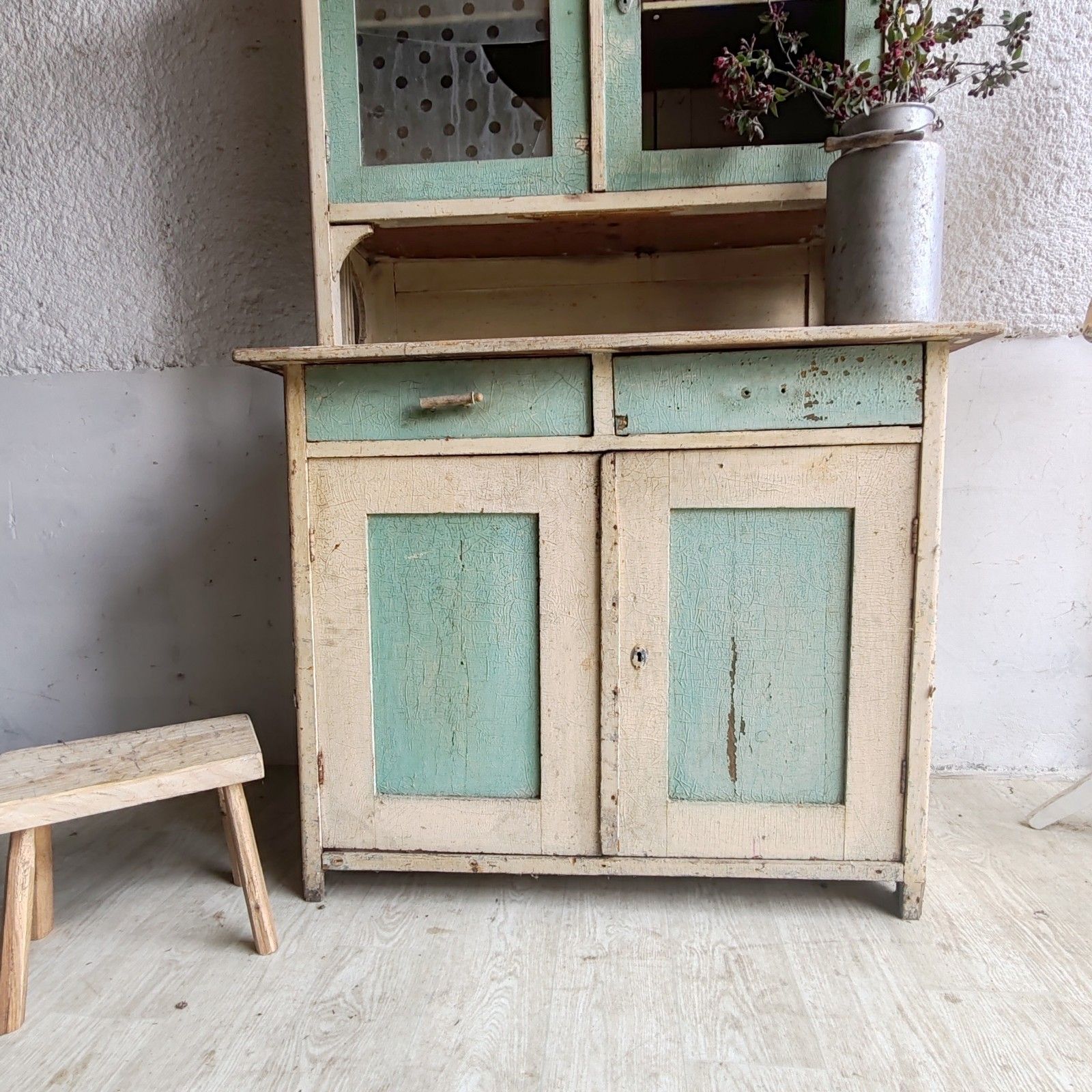Unique 1890s Hungarian Rustic Dresser Handcrafted, Cream & Green Patina Cupboard photo furniture