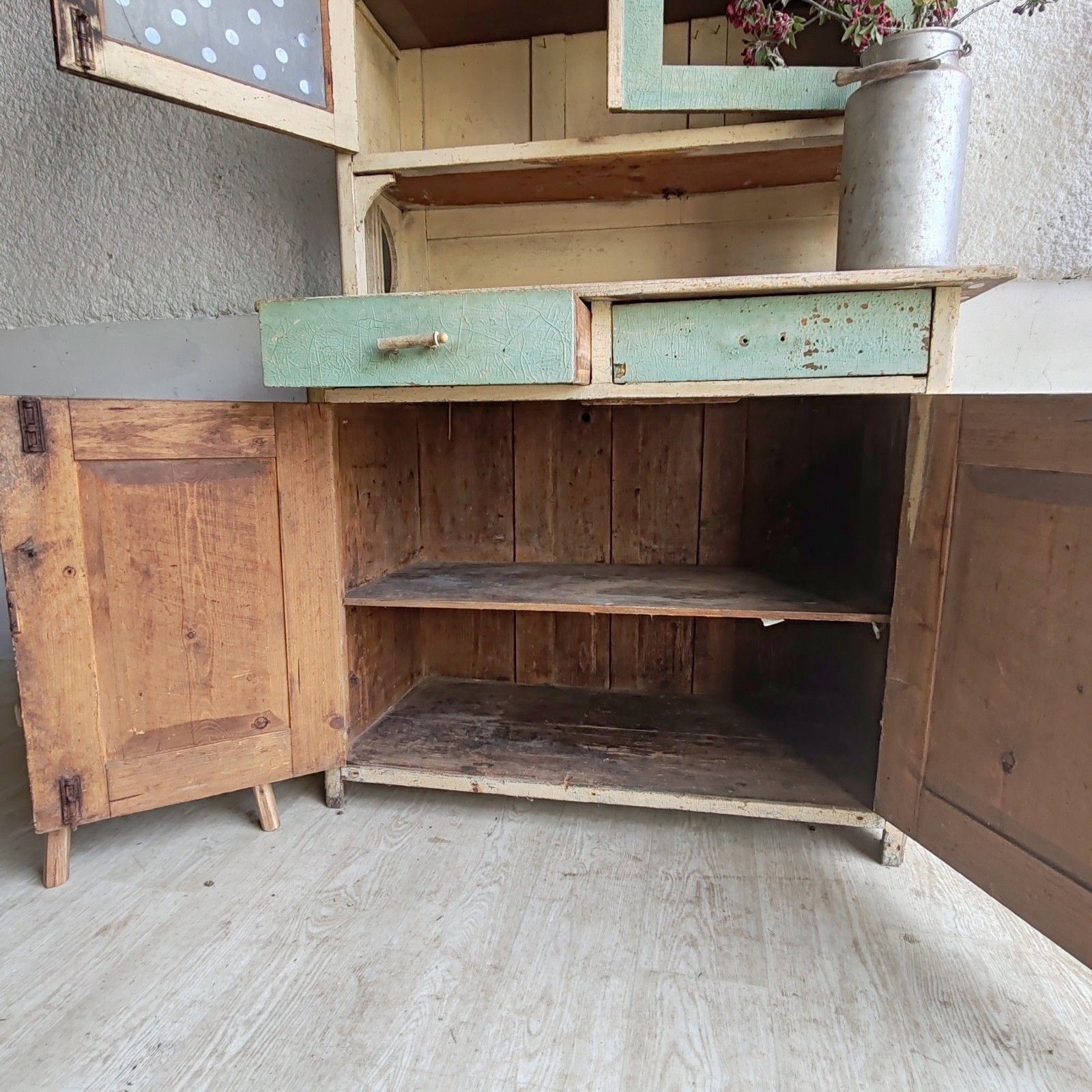 Unique 1890s Hungarian Rustic Dresser Handcrafted, Cream & Green Patina Cupboard photo vinterior