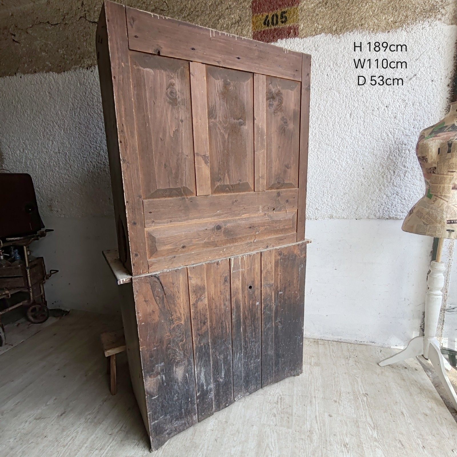 182.0 Unique 1890s Hungarian Rustic Dresser Handcrafted, Cream & Green Patina Cupboard photo