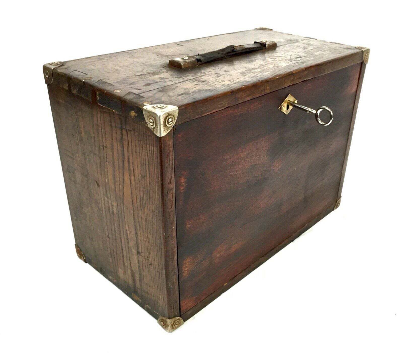 Antique Wooden Oak Engineers Toolbox / Tool Box / Collectors Cabinet With Key photo furniture