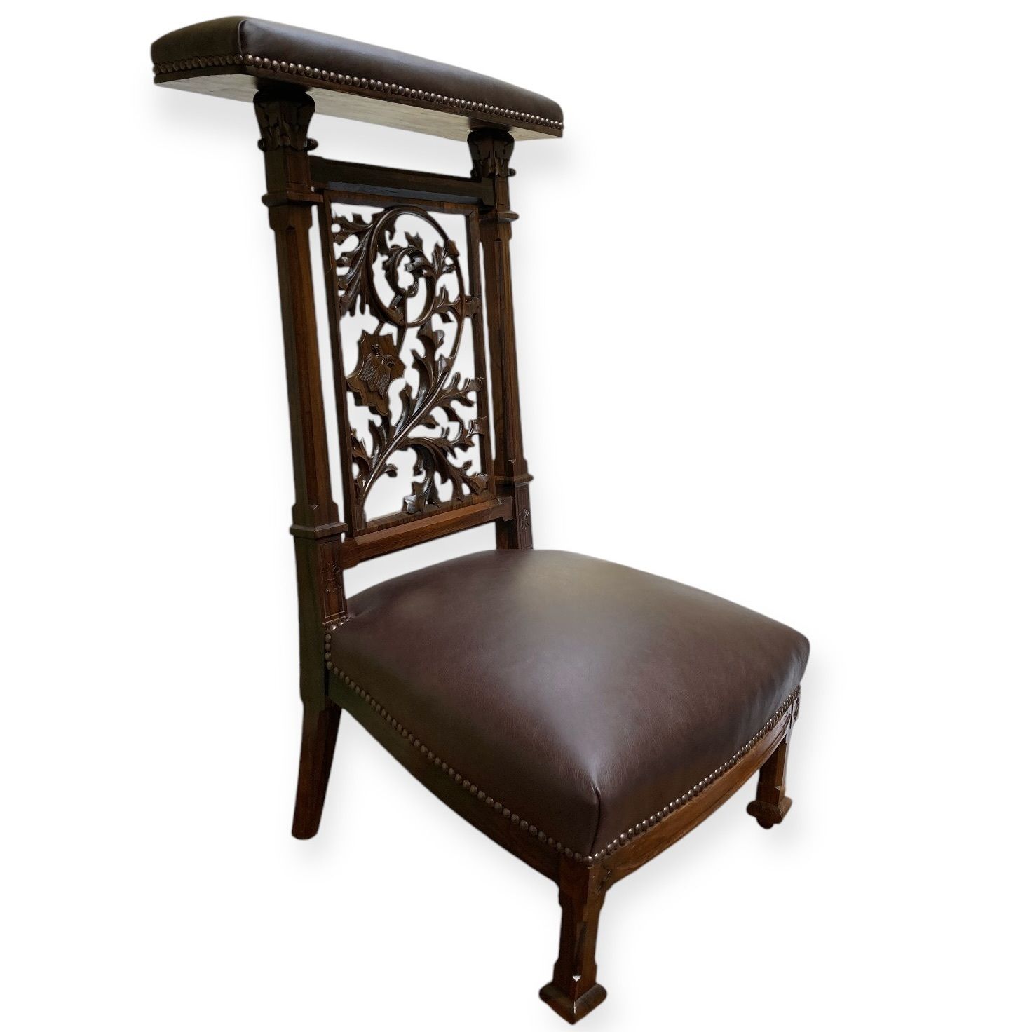Large Antique French Prayer Chair/ Prie Dieu In  Rosewood With Dark Chocolate Leather Upholstery And Bronze Tacks Fully Restored photo furniture