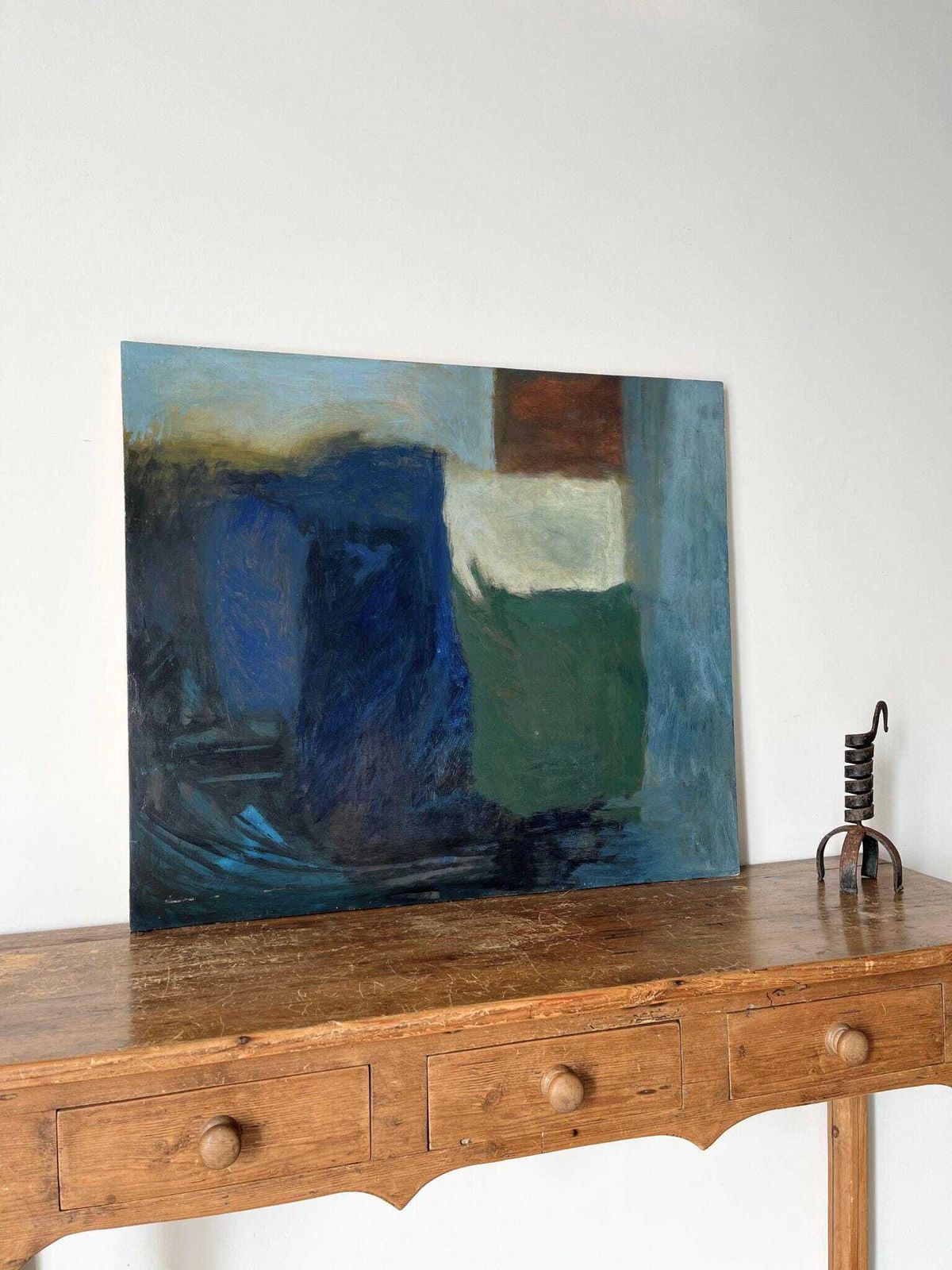 Large Abstract Oil Painting In Blue And Green, 20th Century Vintage Artwork photo 2750.0