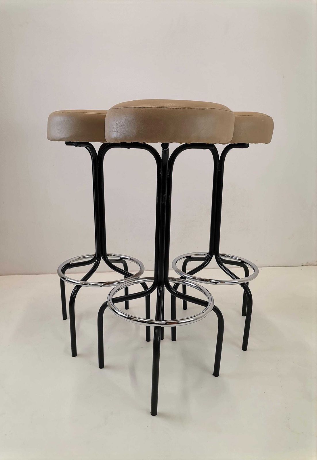 Set Of 3 Mid Century Modern Bar Stools / Mid Century Leather And Metal Bar Stool Set / 80s Yugoslavia photo for sale