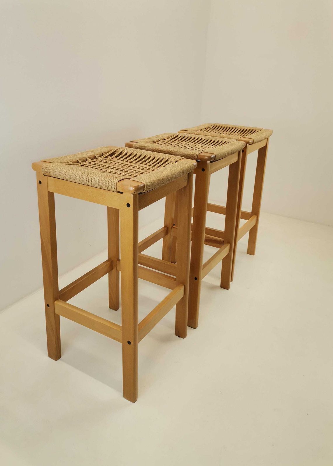 Set Of 3 Vintage Rope Bar Stools / Hans Wegner Style Danish Paper Cord Seating / Mid Century Modern Kitchen Chair photo vinterior