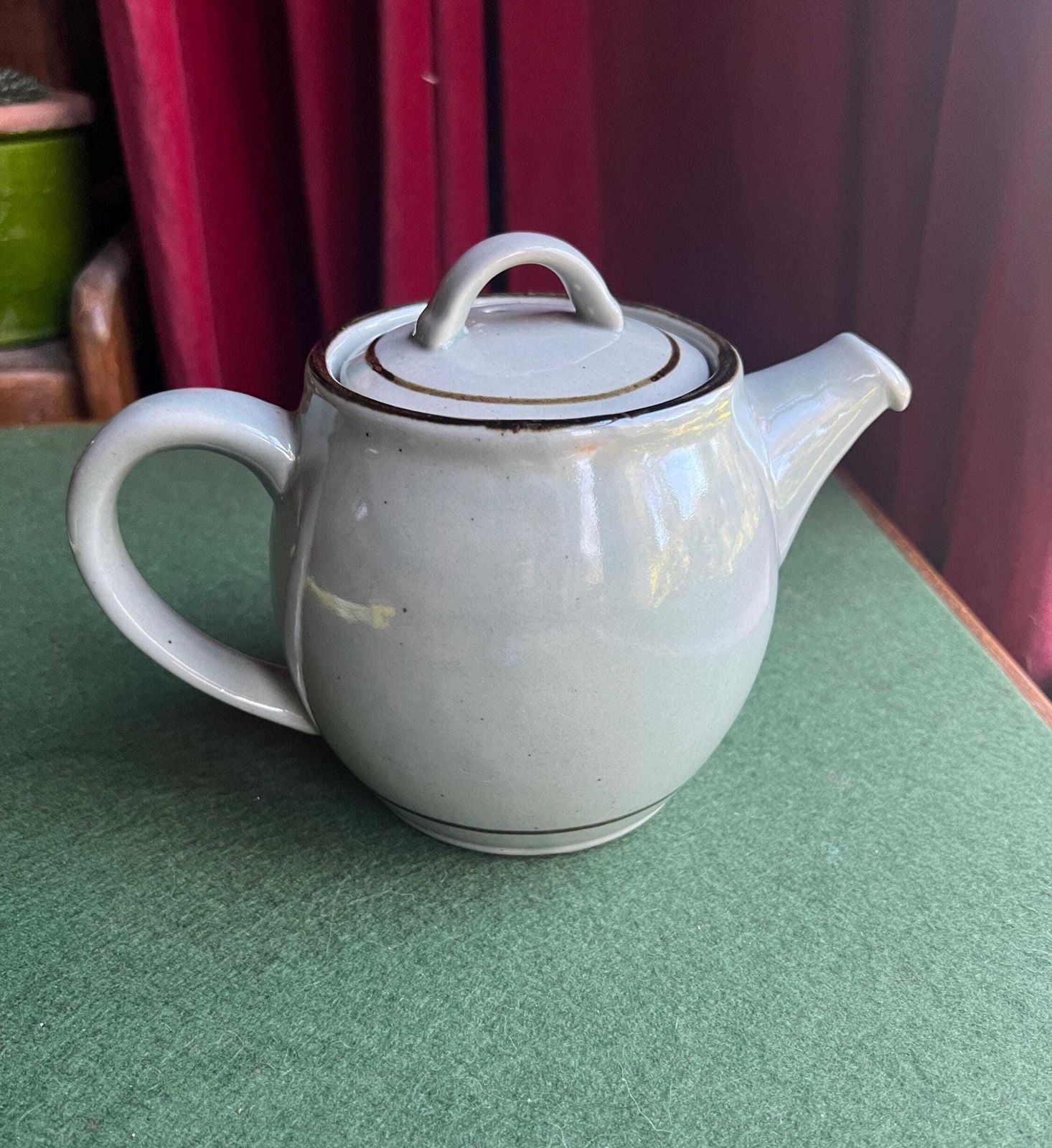Vintage Stoneware Tea Pot. Pot Bellied Celadon Glazed Coffee Pot. Speckled Duck Egg Blue. Stamped Highland Stoneware Scotland.