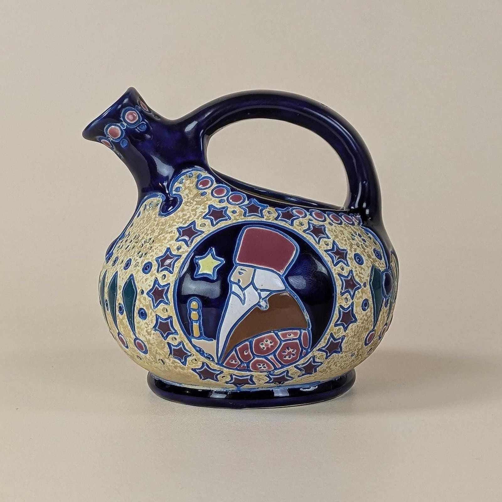 Antique Czech Art Deco Amphora Pottery Pitcher Jug Saint Nicholas Father Christmas Decoration, 1920s Century Collectible Ceramic Vessel