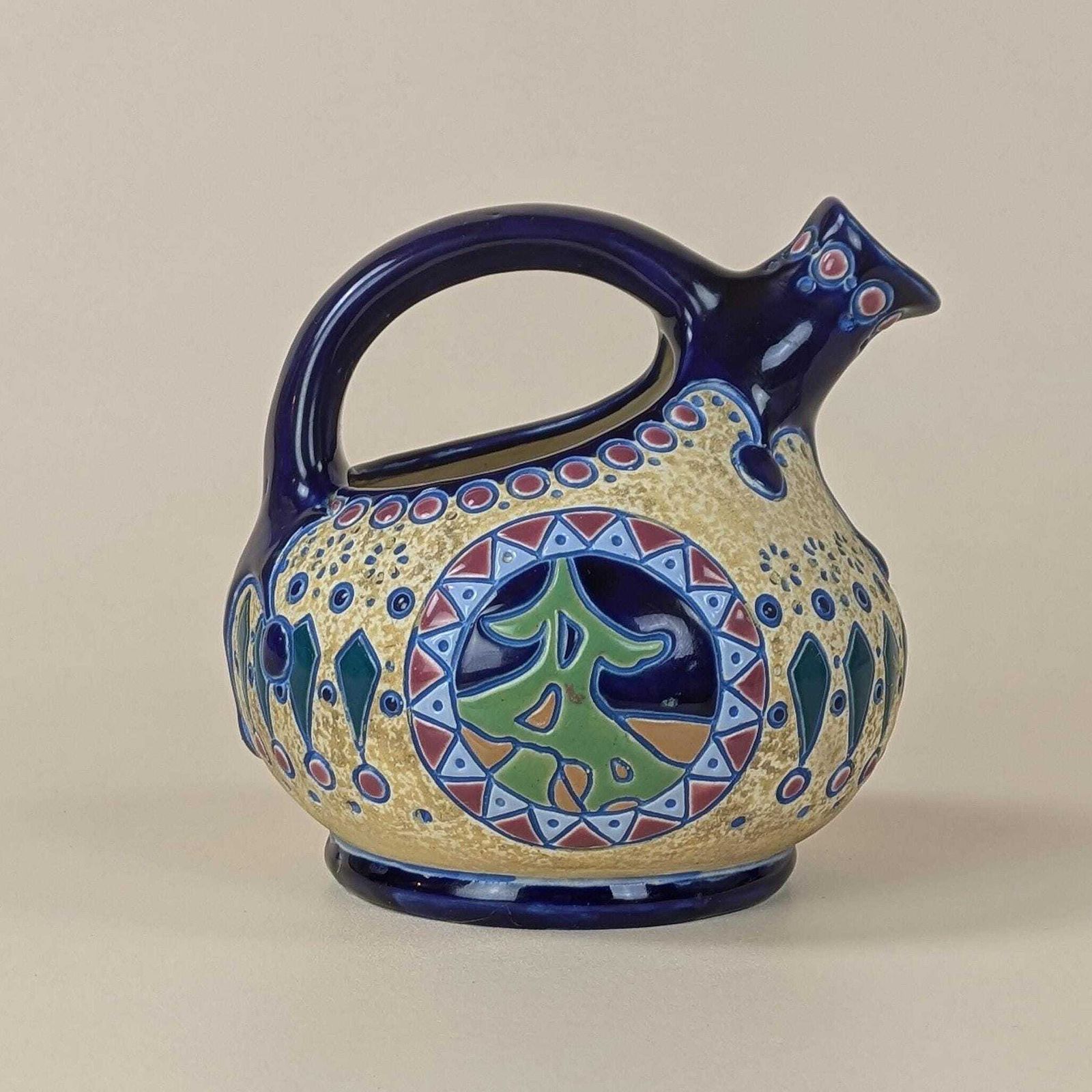 photo furniture Antique Czech Art Deco Amphora Pottery Pitcher Jug Saint Nicholas Father Christmas Decoration, 1920s Century Collectible Ceramic Vessel