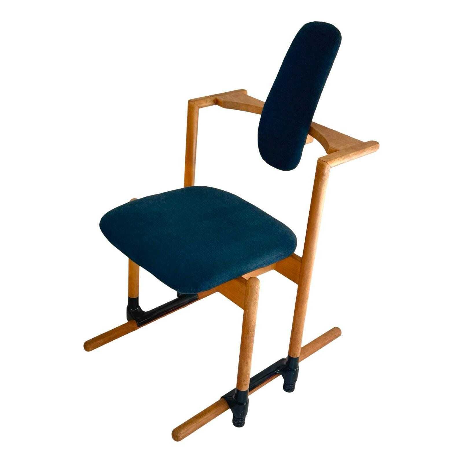 Peter Opsvik   Stokke   Flysit   Ergonomically Shaped Rocking Chair   Blue Fabric Upholstery And Wooden Frame
