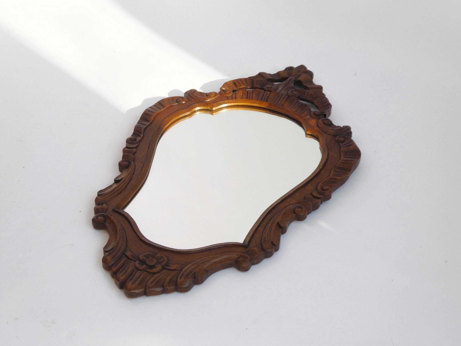 Antique Baroque Wooden Mirror, Wooden Scalloped Beveled Wall Mirror With Floral Carving, Farmhouse Wall Decor photo for sale