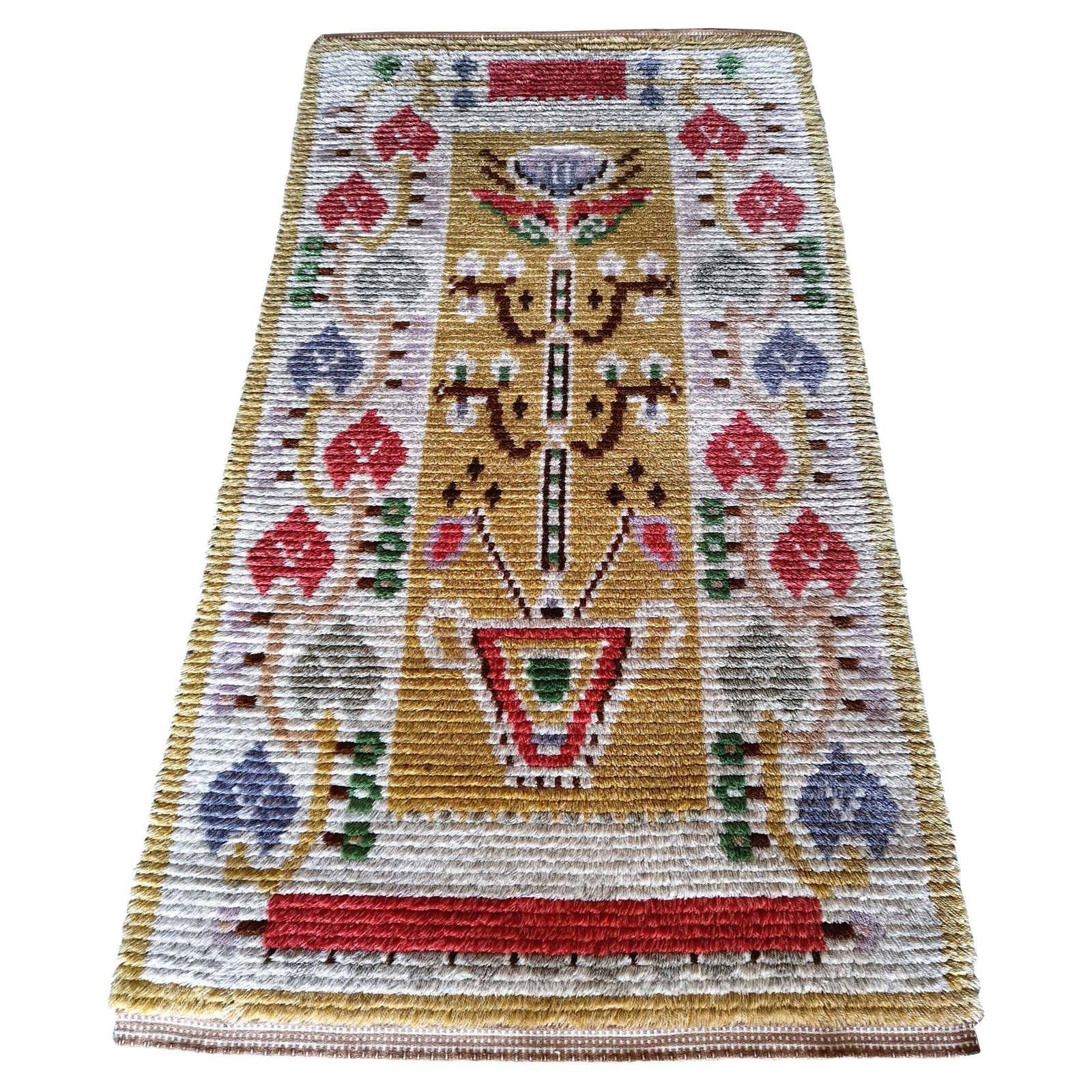 Swedish 1920s Rya Wool Rug, Flower Motif. Pure Wool, Rare Mint Condition.