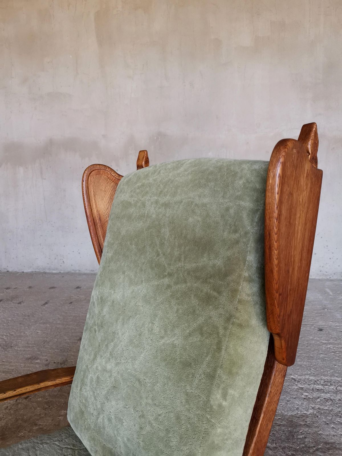 Guillerme Et Chambron Wingback Chair  & Stool, Solid Oak & Velvet, France 1960s photo vinterior