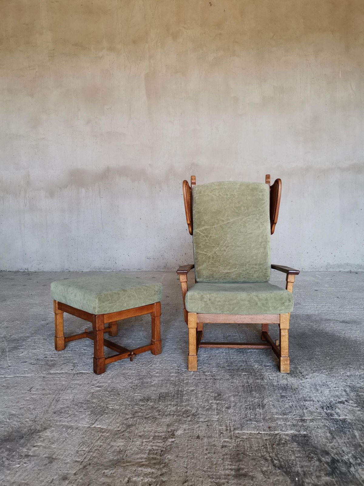 photo furniture Guillerme Et Chambron Wingback Chair  & Stool, Solid Oak & Velvet, France 1960s