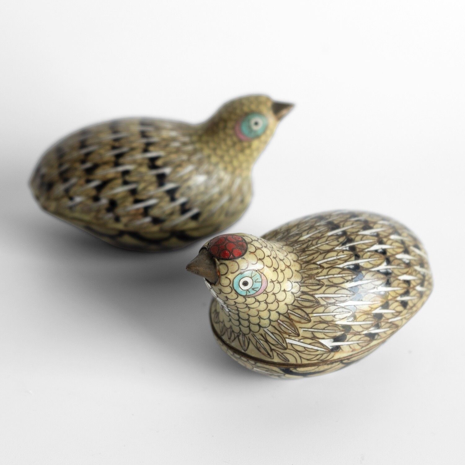 Pair Of Antique Chinese Cloisonne Quail Boxes, Qing Dynasty, Late 19th Century photo for sale