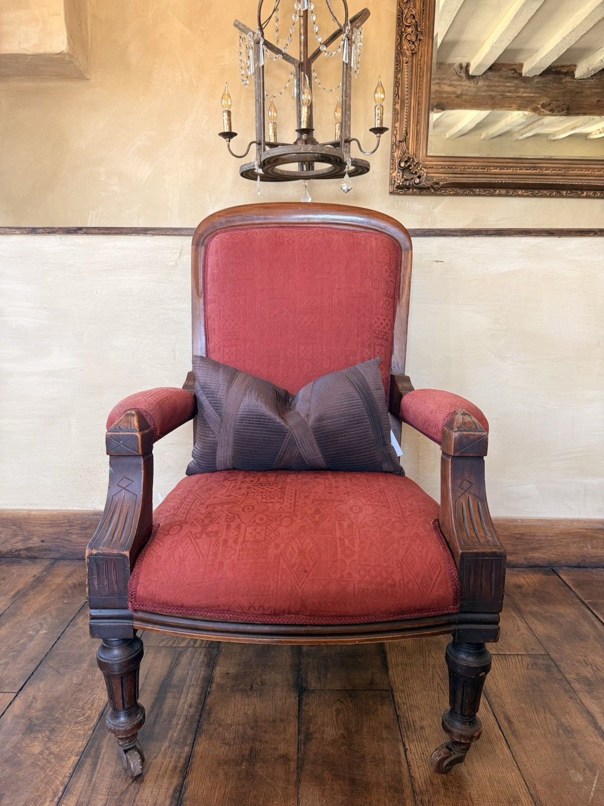 Original Antique Unholstered Burnt Orange Gentleman's Fireside Armchair photo for sale
