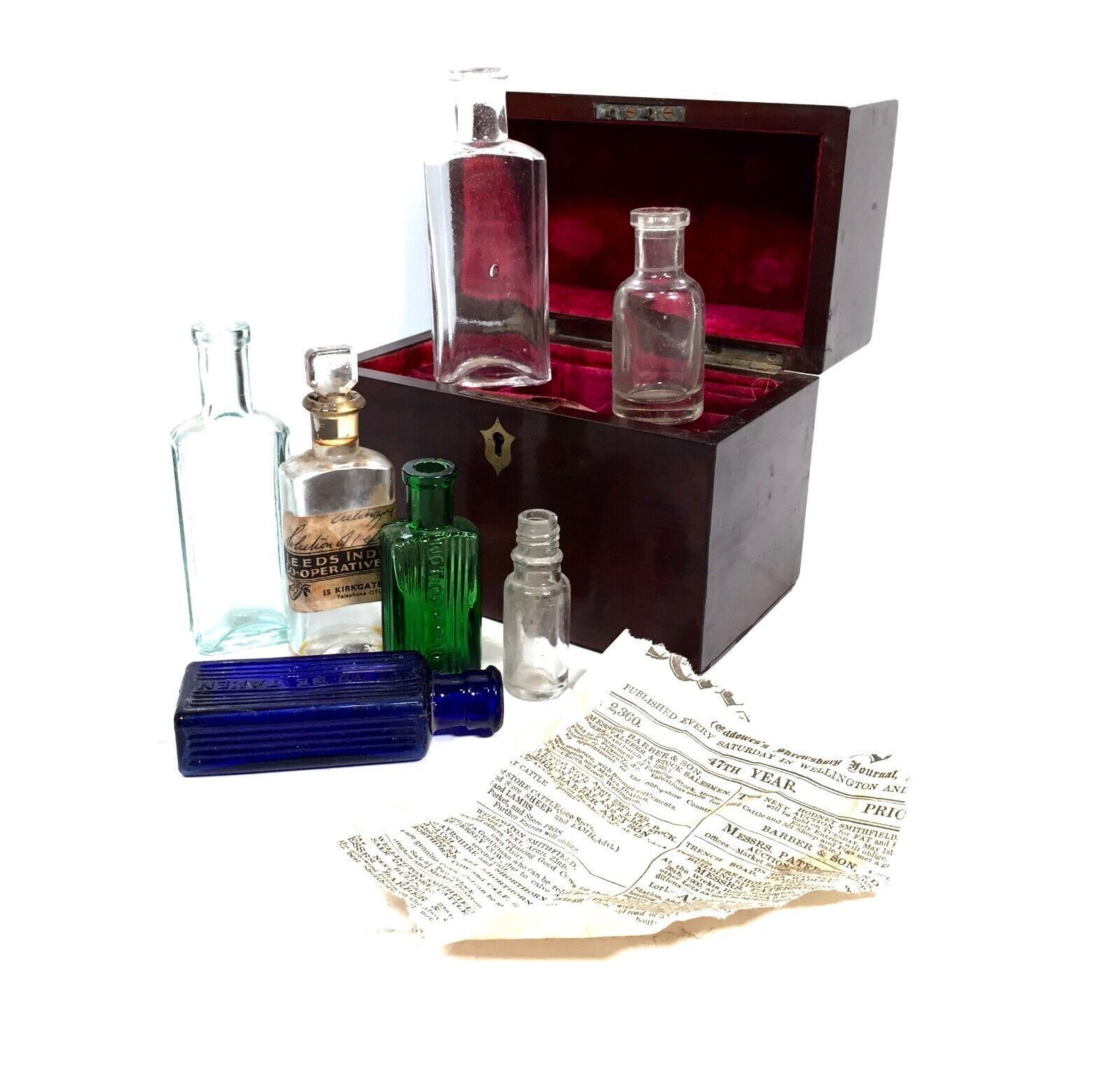photo for sale Antique Mahogany Apothecary Box / Cabinet With Glass Medicine Bottles C.1880